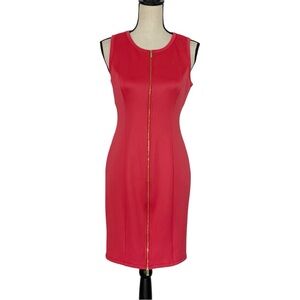 Calvin Klein Coral Sleeveless Sheath Dress with Gold Front Zipper – Size M